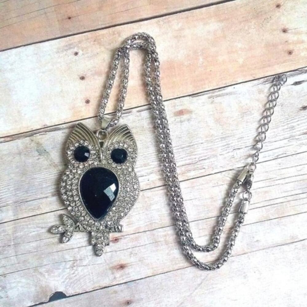 Black & Silver Bejeweled Owl Necklace
